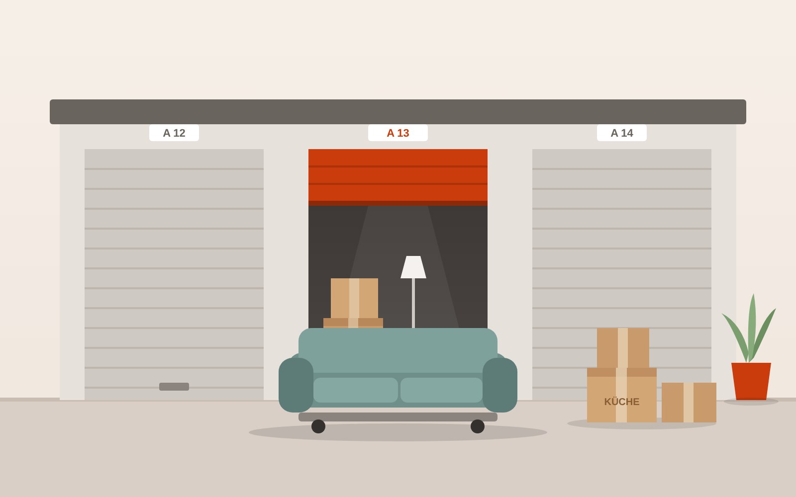 Illustration: Sofa und Umzugskartons vor einem geöffneten Lagerraum